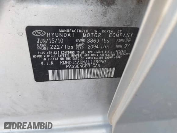 2010 Hyundai Elantra GLS with VIN KMHDU4AD4AU126950, listed as a IAAI auction lot 42009934 with 124,845 mi miles and . Bid and sale history available at DreamBid. Image 9.