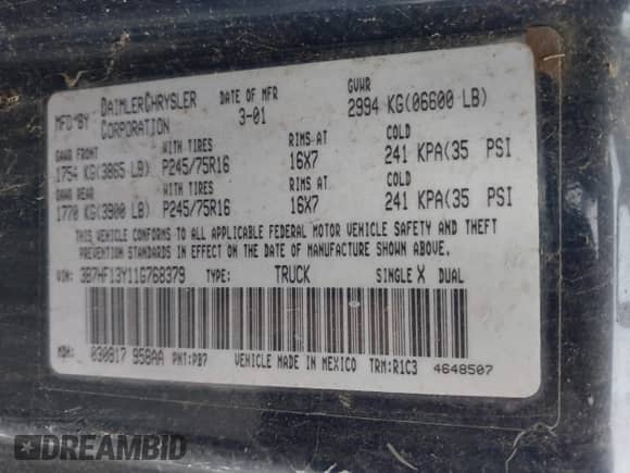 2001 Dodge 1500 with VIN 3B7HF13Y11G768379, listed as a IAAI auction lot 41442201 with 181,199 mi miles and . Bid and sale history available at DreamBid. Image 9.