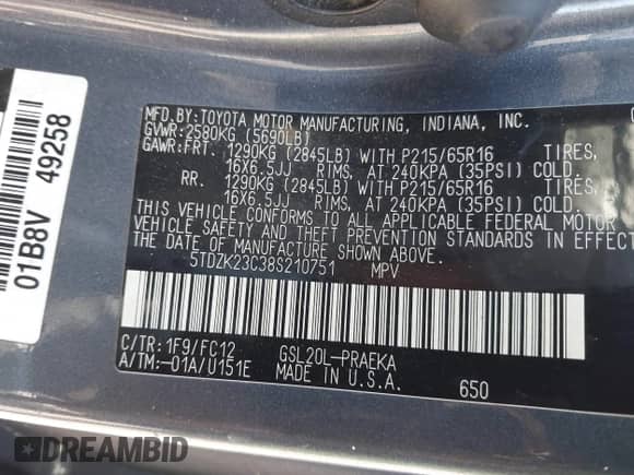 2008 Toyota Sienna CE с VIN 5TDZK23C38S210751, выставлен на аукционе IAAI как лот 42878634 с пробегом Не указан миль и . История ставок и продаж доступна на DreamBid. Изображение 9.