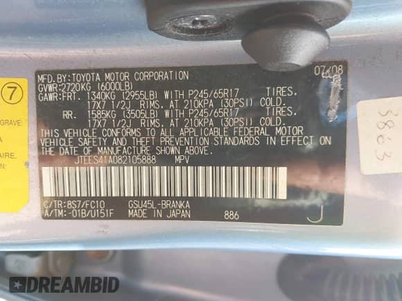 2008 Toyota Highlander z VIN JTEES41A082105888, wystawiony jako IAAI lot #43456404 z przebiegiem 281 764 mil mil oraz . Historia ofert i sprzedaży dostępna na DreamBid. Obrazek 9.