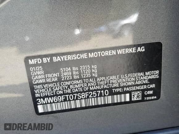 2025 BMW 3 Series M340i xDrive с VIN 3MW69FT07S8F25710, выставлен на аукционе Copart как лот 69767755 с пробегом Не указан миль и Списание • Salvage title. История ставок и продаж доступна на DreamBid. Изображение 12.
