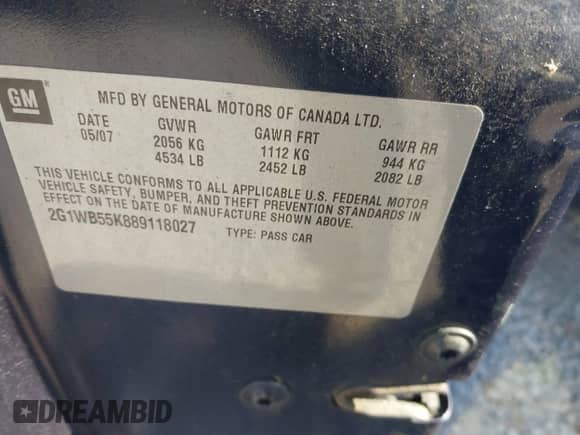 2008 Chevrolet Impala LS z VIN 2G1WB55K889118027, wystawiony jako IAAI lot #43555568 z przebiegiem 221 468 mil mil oraz . Historia ofert i sprzedaży dostępna na DreamBid. Obrazek 9.