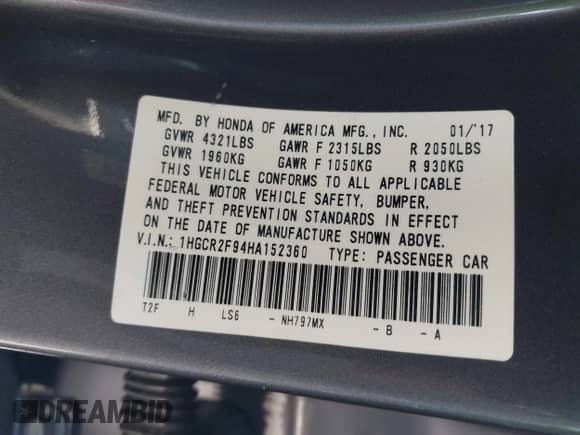2017 Honda Accord EX-L with VIN 1HGCR2F94HA152360, listed as a IAAI auction lot 42790631 with Not provided miles and . Bid and sale history available at DreamBid. Image 9.