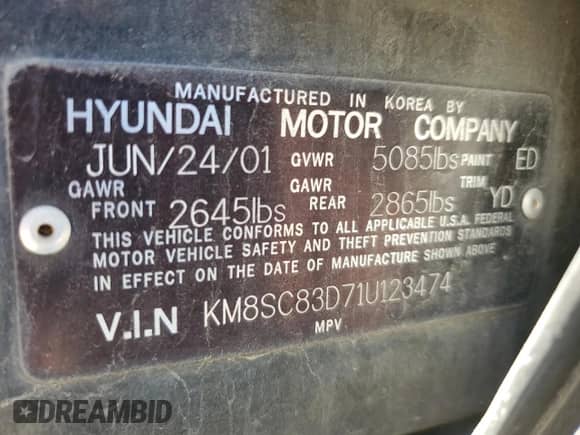 2001 Hyundai Santa Fe GLS z VIN KM8SC83D71U123474, wystawiony jako Copart lot #50665145 z przebiegiem 84 155 mil mil oraz Szkoda całkowita • Salvage title. Historia ofert i sprzedaży dostępna na DreamBid. Obrazek 15.