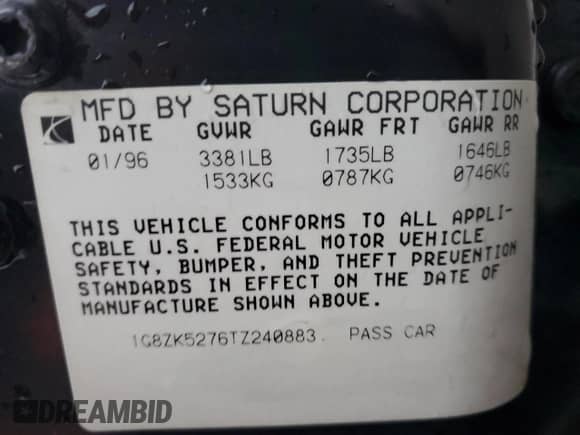 1996 Saturn SL with VIN 1G8ZK5276TZ240883, listed as a Copart auction lot 84172554 with 69,820 mi miles and Salvage title. Bid and sale history available at DreamBid. Image 12.