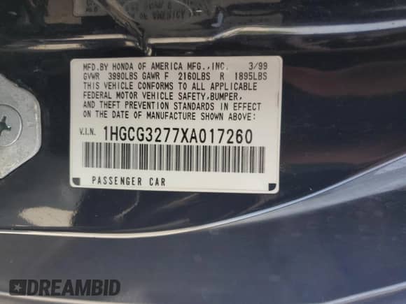 1999 Honda Accord EX z VIN 1HGCG3277XA017260, wystawiony jako Copart lot #58324955 z przebiegiem 250 266 mil mil oraz Szkoda całkowita • Salvage title. Historia ofert i sprzedaży dostępna na DreamBid. Obrazek 12.