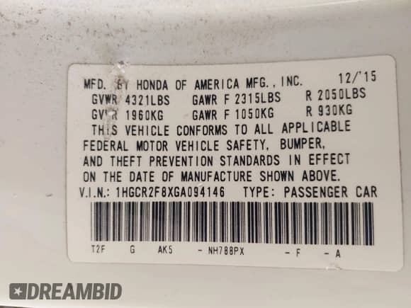 2016 Honda Accord EX-L with VIN 1HGCR2F8XGA094146, listed as a IAAI auction lot 41908805 with 149,265 mi miles and . Bid and sale history available at DreamBid. Image 9.