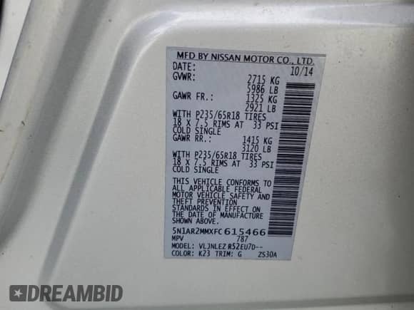 2015 Nissan Pathfinder S with VIN 5N1AR2MMXFC615466, listed as a Copart auction lot 82229405 with 76,143 mi miles and Salvage title. Bid and sale history available at DreamBid. Image 14.