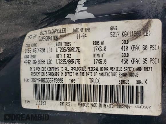 2005 Dodge 3500 SLT with VIN 3D7MR48C55G745008, listed as a Copart auction lot 50797685 with 371,203 mi miles and Salvage title. Bid and sale history available at DreamBid. Image 16.