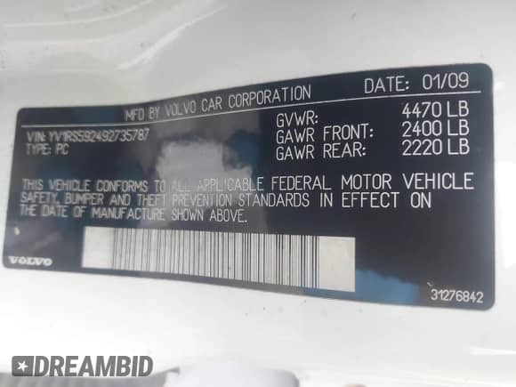 2009 Volvo S60 2.5T with VIN YV1RS592492735787, listed as a IAAI auction lot 42656542 with Not provided miles and . Bid and sale history available at DreamBid. Image 9.