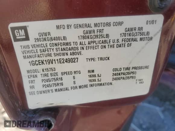 2001 Chevrolet Silverado 1500 LS z VIN 1GCEK19V11E249027, wystawiony jako Copart lot #82571954 z przebiegiem 172 279 mil mil oraz Nie do naprawy • Non repairable. Historia ofert i sprzedaży dostępna na DreamBid. Obrazek 12.