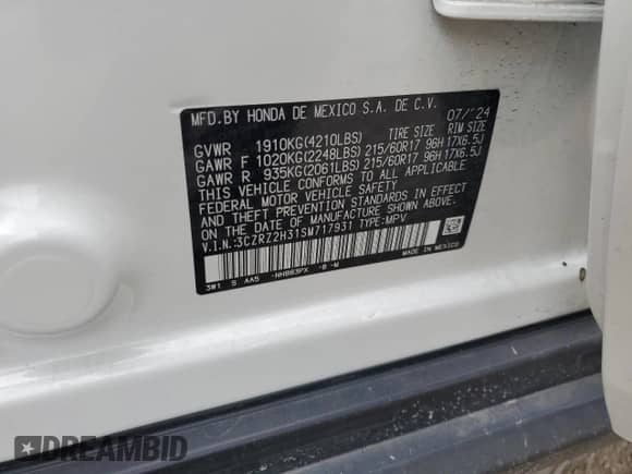 2025 Honda HR-V LX with VIN 3CZRZ2H31SM717931, listed as a Copart auction lot 66516375 with 10,556 mi miles and Salvage title. Bid and sale history available at DreamBid. Image 14.
