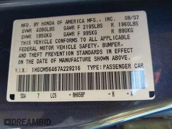 2007 Honda Accord LX z VIN 1HGCM56467A229216, wystawiony jako IAAI lot #43510840 z przebiegiem 225 089 mil mil oraz . Historia ofert i sprzedaży dostępna na DreamBid. Obrazek 9.