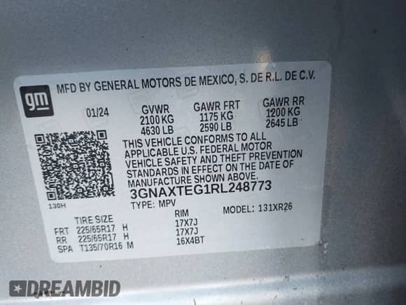 2024 Chevrolet Equinox LT с VIN 3GNAXTEG1RL248773, выставлен на аукционе IAAI как лот 40983236 с пробегом Не указан миль и . История ставок и продаж доступна на DreamBid. Изображение 9.