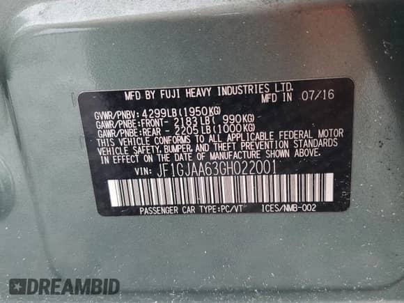 2016 Subaru Impreza с VIN JF1GJAA63GH022001, выставлен на аукционе Copart как лот 80983985 с пробегом 99 832 миль миль и Списание • Salvage title. История ставок и продаж доступна на DreamBid. Изображение 12.