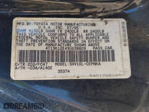 1995 Toyota Camry LE with VIN 4T1SK12E4SU638809, listed as a IAAI auction lot 43518653 with 224,368 mi miles and . Bid and sale history available at DreamBid. Image 9.