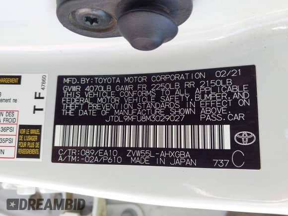 2021 Toyota Prius LE with VIN JTDL9MFU8M3029027, listed as a IAAI auction lot 43354130 with 66,497 mi miles and . Bid and sale history available at DreamBid. Image 9.
