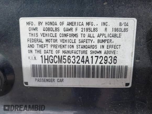 2004 Honda Accord LX с VIN 1HGCM56324A172936, выставлен на аукционе IAAI как лот 43178330 с пробегом 184 920 миль миль и . История ставок и продаж доступна на DreamBid. Изображение 9.