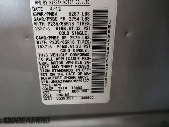 2012 Nissan Murano S with VIN JN8AZ1MW5CW229827, listed as a Copart auction lot 68241645 with 150,772 mi miles and Clean title. Bid and sale history available at DreamBid. Image 13.