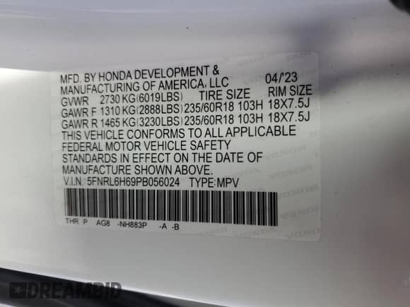 2023 Honda Odyssey EX-L с VIN 5FNRL6H69PB056024, выставлен на аукционе Copart как лот 43793545 с пробегом 59 738 миль миль и Списание • Salvage title. История ставок и продаж доступна на DreamBid. Изображение 13.