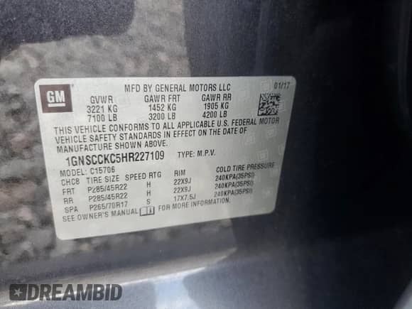 2017 Chevrolet Tahoe Premier with VIN 1GNSCCKC5HR227109, listed as a Copart auction lot 60874855 with 132,550 mi miles and Salvage title. Bid and sale history available at DreamBid. Image 13.