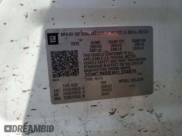 2019 Chevrolet Trax LS с VIN 3GNCJNSBXKL334975, выставлен на аукционе Copart как лот 70261645 с пробегом 55 950 миль миль и Списание • Salvage title. История ставок и продаж доступна на DreamBid. Изображение 12.