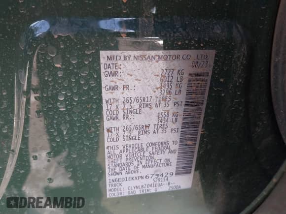 2023 Nissan Frontier Pro-4X with VIN 1N6ED1EKXPN673429, listed as a IAAI auction lot 41357340 with 24,816 mi miles and . Bid and sale history available at DreamBid. Image 9.