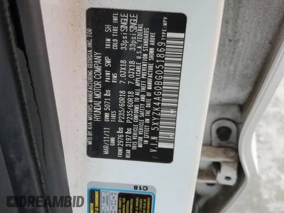 2011 Hyundai Santa Fe Limited с VIN 5XYZK4AG0BG051869, выставлен на аукционе Copart как лот 67940835 с пробегом 154 935 миль миль и Списание • Salvage title. История ставок и продаж доступна на DreamBid. Изображение 13.
