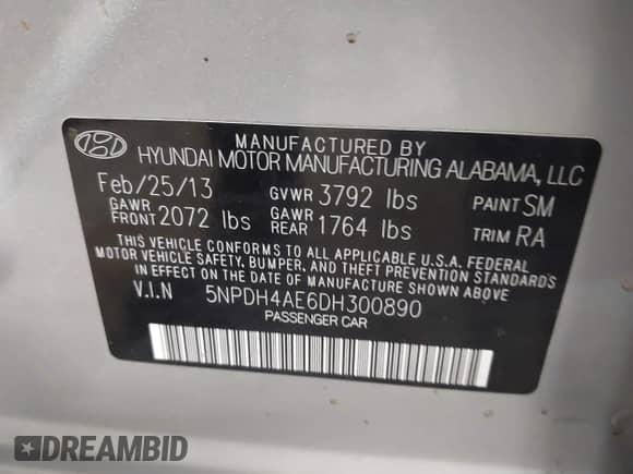 2013 Hyundai Elantra GLS z VIN 5NPDH4AE6DH300890, wystawiony jako IAAI lot #43073166 z przebiegiem 163 666 mil mil oraz . Historia ofert i sprzedaży dostępna na DreamBid. Obrazek 9.