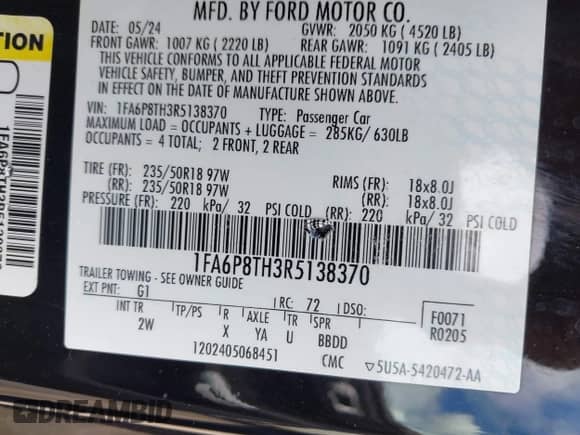 2024 Ford Mustang EcoBoost with VIN 1FA6P8TH3R5138370, listed as a IAAI auction lot 42334912 with 6,197 mi miles and . Bid and sale history available at DreamBid. Image 9.