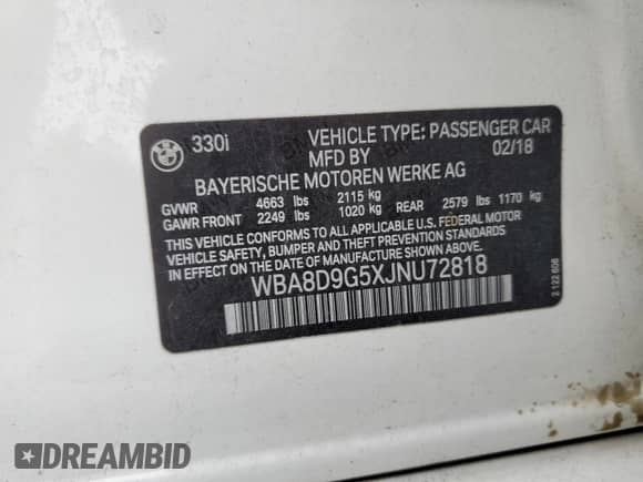 2018 BMW 3 Series 330i xDrive с VIN WBA8D9G5XJNU72818, выставлен на аукционе Copart как лот 70401215 с пробегом Не указан миль и Списание • Salvage title. История ставок и продаж доступна на DreamBid. Изображение 13.