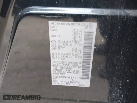 2015 Nissan Pathfinder Platinum with VIN 5N1AR2MM9FC657658, listed as a IAAI auction lot 41628216 with 212,189 mi miles and . Bid and sale history available at DreamBid. Image 9.