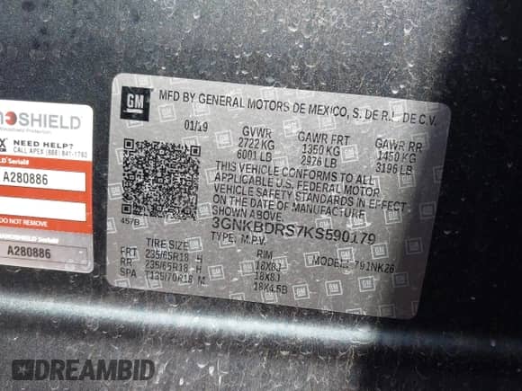 2019 Chevrolet Blazer with VIN 3GNKBDRS7KS590179, listed as a IAAI auction lot 42209680 with 50,345 mi miles and . Bid and sale history available at DreamBid. Image 9.