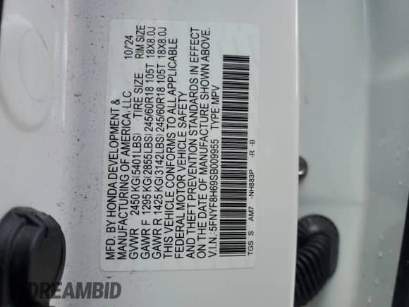 2025 Honda Passport TrailSport with VIN 5FNYF8H69SB009955, listed as a Copart auction lot 67210885 with 13,002 mi miles and Salvage title. Bid and sale history available at DreamBid. Image 13.