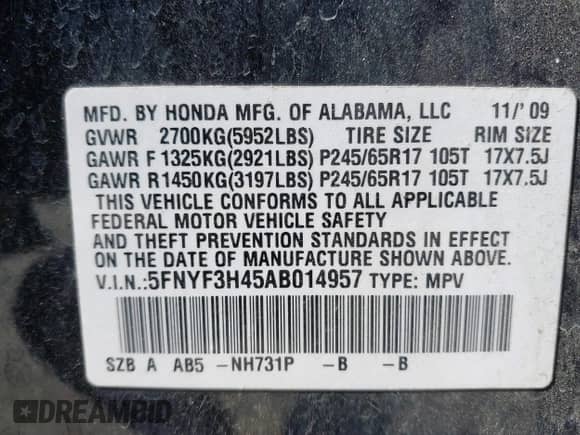 2010 Honda Pilot EX with VIN 5FNYF3H45AB014957, listed as a IAAI auction lot 42998228 with 210,291 mi miles and . Bid and sale history available at DreamBid. Image 9.