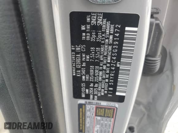 2025 Kia Sorento S с VIN 5XYRL4JC4SG391472, выставлен на аукционе Copart как лот 80346275 с пробегом 6 817 миль миль и Списание • Salvage title. История ставок и продаж доступна на DreamBid. Изображение 13.