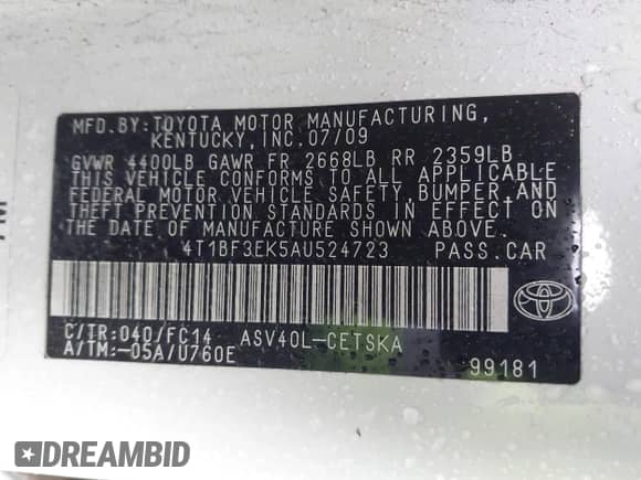 2010 Toyota Camry with VIN 4T1BF3EK5AU524723, listed as a IAAI auction lot 43428362 with 240,804 mi miles and . Bid and sale history available at DreamBid. Image 9.