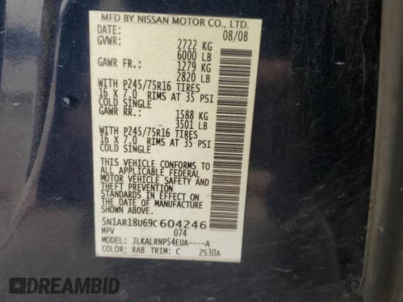2009 Nissan Pathfinder SE with VIN 5N1AR18U69C604246, listed as a Copart auction lot 54304055 with 203,899 mi miles and Non repairable. Bid and sale history available at DreamBid. Image 14.