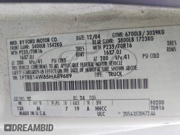 2005 Ford Econoline Cargo with VIN 1FTRE14W65HA89689, listed as a IAAI auction lot 42607059 with 260,935 mi miles and . Bid and sale history available at DreamBid. Image 9.