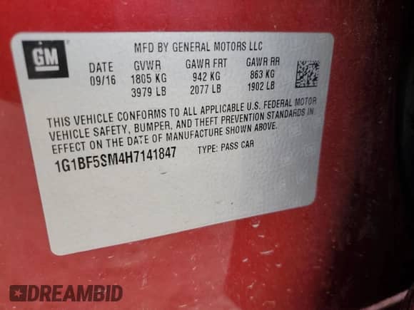 2017 Chevrolet Cruze Premier with VIN 1G1BF5SM4H7141847, listed as a Copart auction lot 69916315 with 68,913 mi miles and Salvage title. Bid and sale history available at DreamBid. Image 12.