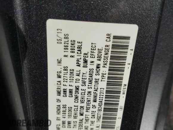 2013 Honda Accord LX-S with VIN 1HGCT1B34DA022313, listed as a Copart auction lot 80879095 with 77,219 mi miles and Salvage title. Bid and sale history available at DreamBid. Image 12.