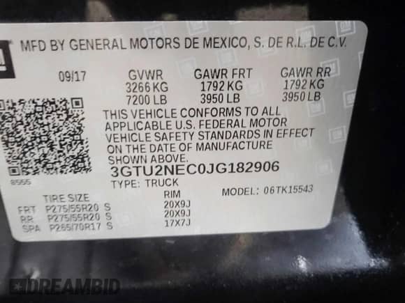 2018 GMC Sierra 1500 SLT with VIN 3GTU2NEC0JG182906, listed as a Copart auction lot 86178095 with 119,084 mi miles and Clean title. Bid and sale history available at DreamBid. Image 10.