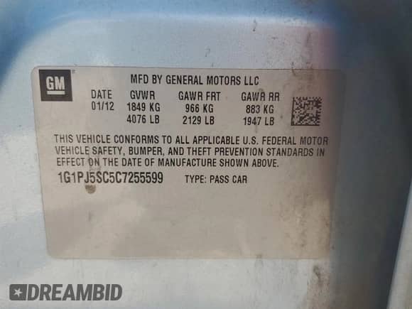 2012 Chevrolet Cruze ECO with VIN 1G1PJ5SC5C7255599, listed as a Copart auction lot 70167615 with 185,929 mi miles and Salvage title. Bid and sale history available at DreamBid. Image 12.