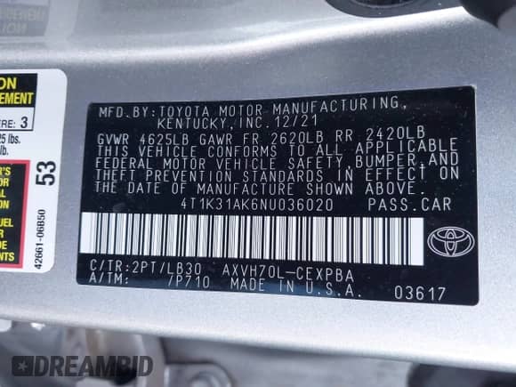 2022 Toyota Camry Hybrid XSE с VIN 4T1K31AK6NU036020, выставлен на аукционе IAAI как лот 43115594 с пробегом Не указан миль и . История ставок и продаж доступна на DreamBid. Изображение 9.