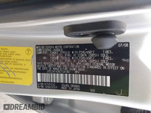 2008 Toyota Highlander with VIN JTEES41A382104184, listed as a IAAI auction lot 43354670 with 197,347 mi miles and . Bid and sale history available at DreamBid. Image 9.