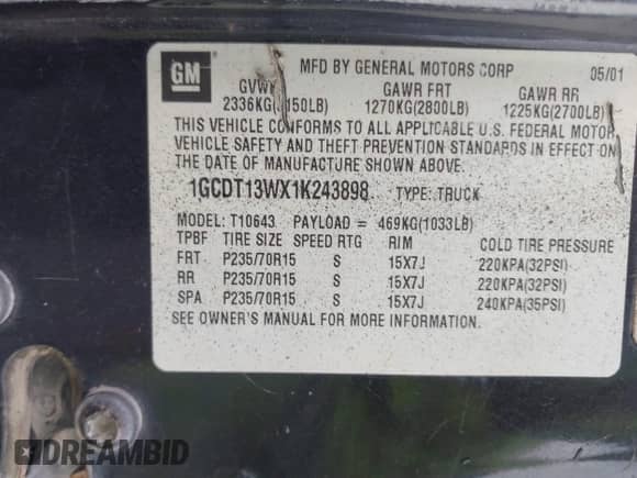 2001 Chevrolet S-10 LS with VIN 1GCDT13WX1K243898, listed as a IAAI auction lot 42879427 with 153,579 mi miles and . Bid and sale history available at DreamBid. Image 9.