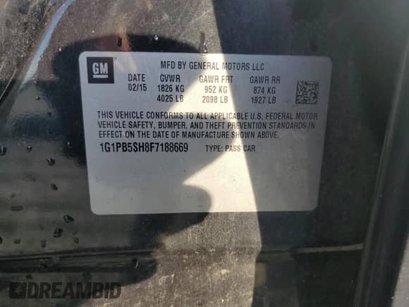 2015 Chevrolet Cruze LS with VIN 1G1PB5SH8F7188669, listed as a Copart auction lot 61000845 with 118,179 mi miles and Salvage title. Bid and sale history available at DreamBid. Image 12.