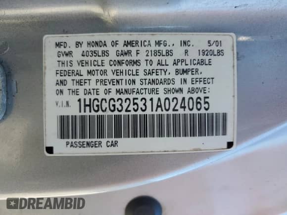 2001 Honda Accord EX with VIN 1HGCG32531A024065, listed as a Copart auction lot 41493535 with 233,650 mi miles and Salvage title. Bid and sale history available at DreamBid. Image 15.