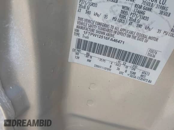 2006 Ford F-150 XLT z VIN 1FTPW12516FA46471, wystawiony jako IAAI lot #43484789 z przebiegiem 111 259 mil mil oraz . Historia ofert i sprzedaży dostępna na DreamBid. Obrazek 9.