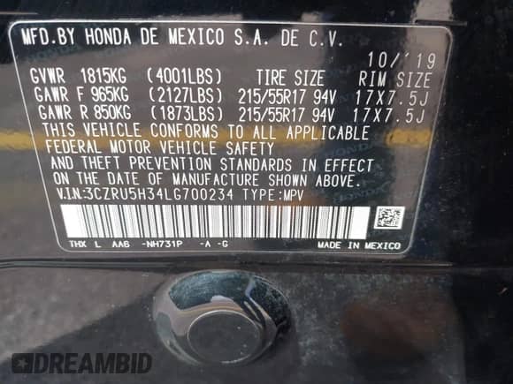 2020 Honda HR-V LX с VIN 3CZRU5H34LG700234, выставлен на аукционе IAAI как лот 41968297 с пробегом 57 085 миль миль и . История ставок и продаж доступна на DreamBid. Изображение 9.